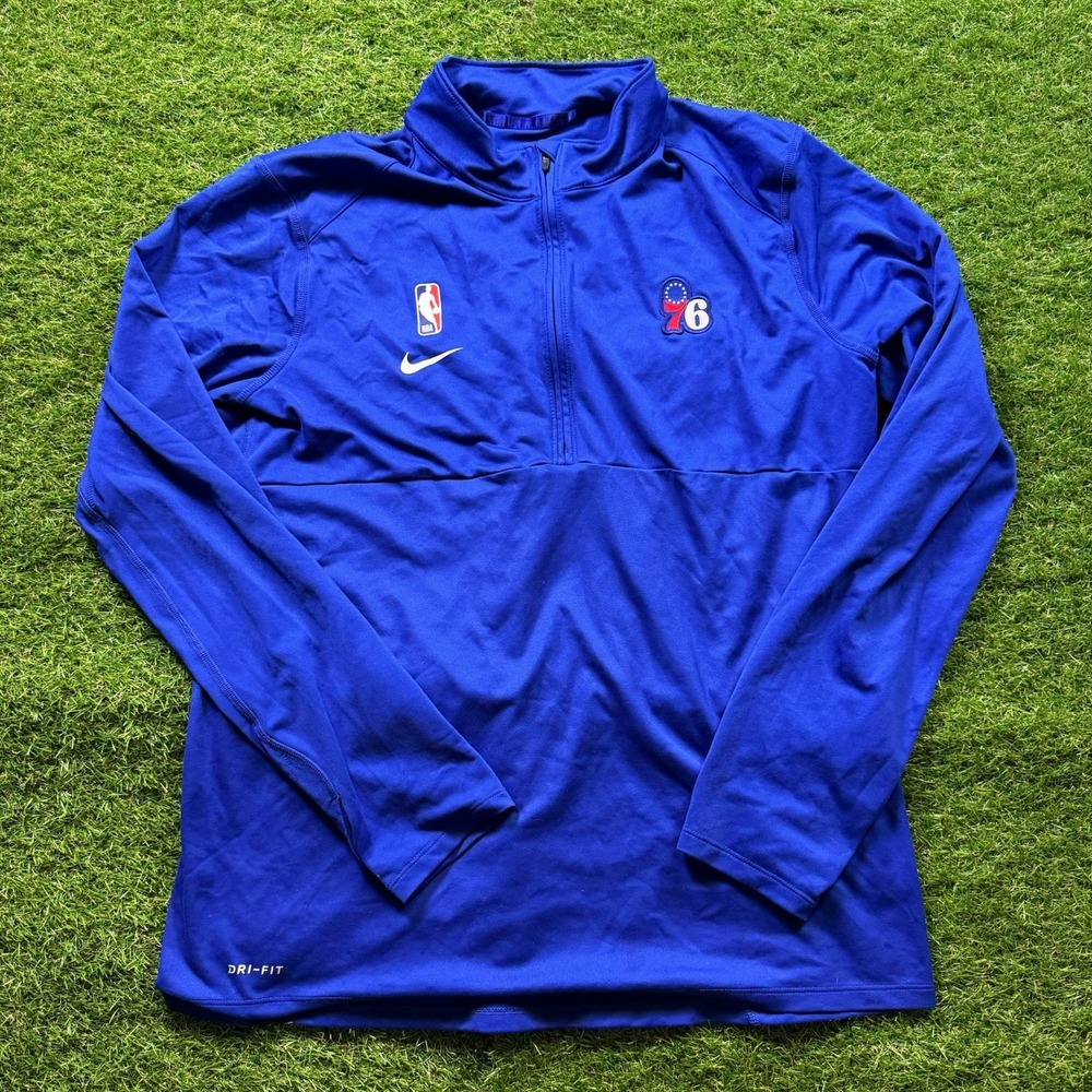 Philadelphia 76ers Sweater Mens Large Blue Pullover Warm Up 1/4 Zip Dri Fit Nike